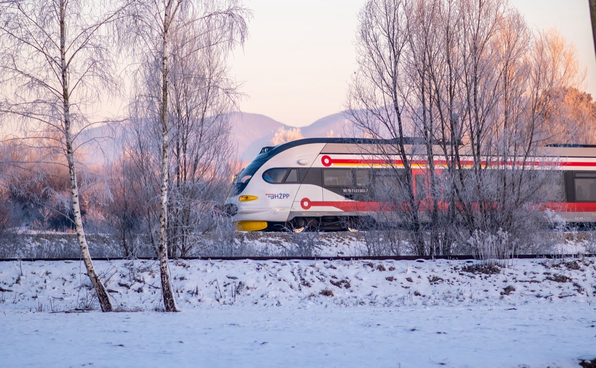Alpine train passengers in winter