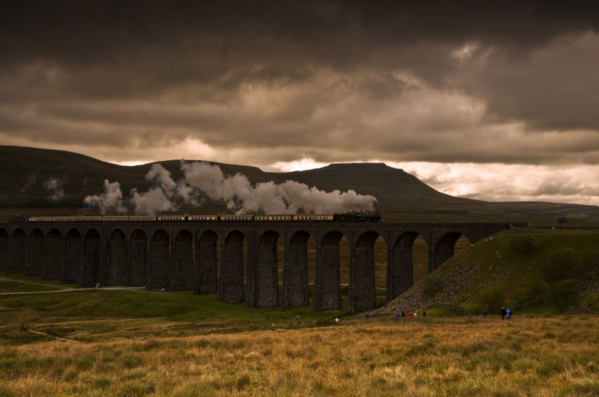 Train crossing alpine bridge