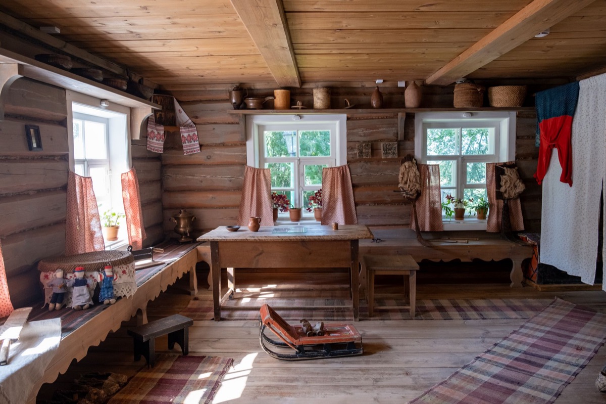 Alpine hütte interior with wooden furniture