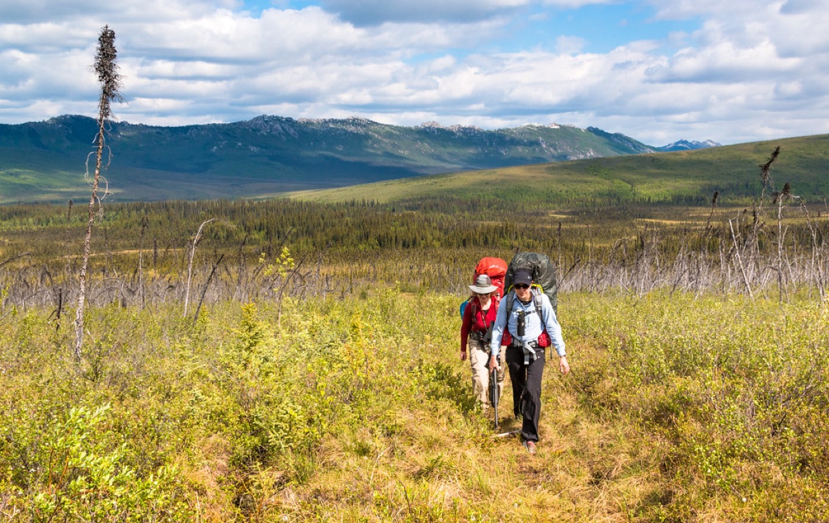 hiker with backpack at mountain summit